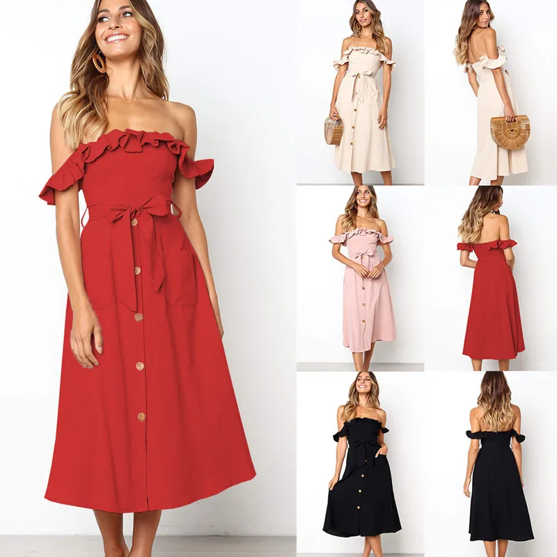 

Summer Women Dress 2019 High Waist V-neck Off the Shoulder Single-breasted Ruffle Solid Beach Dress Female Vestidos Mujer
