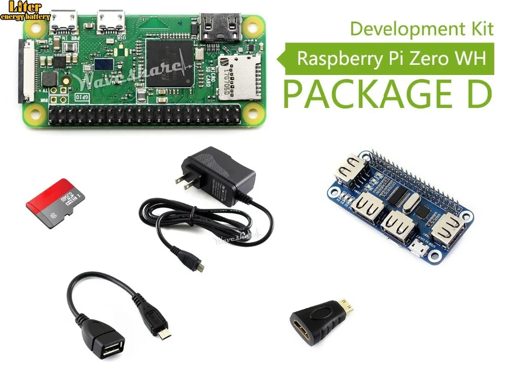 Raspberry Pi Zero WH(встроенный WiFi, предварительно припаянные заголовки) Тип D, карта Micro SD, адаптер питания, usb-концентратор, основные компоненты
