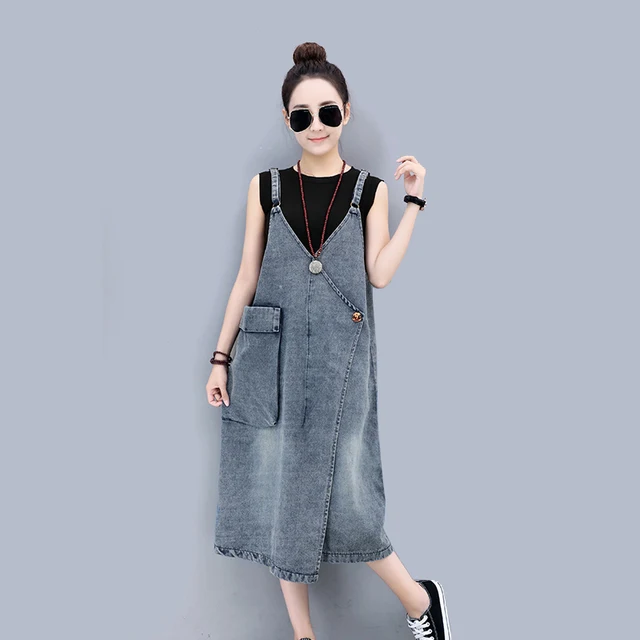 Casual Strap Midi Denim Dress For Women Sleeveless Baggy Dress With