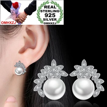 

OMHXZJ Wholesale Elegant Sweet Fashion Woman Girl Wedding Pastoral Leaves Zircon Pearls 925 Sterling Silver Stud Earrings YS425