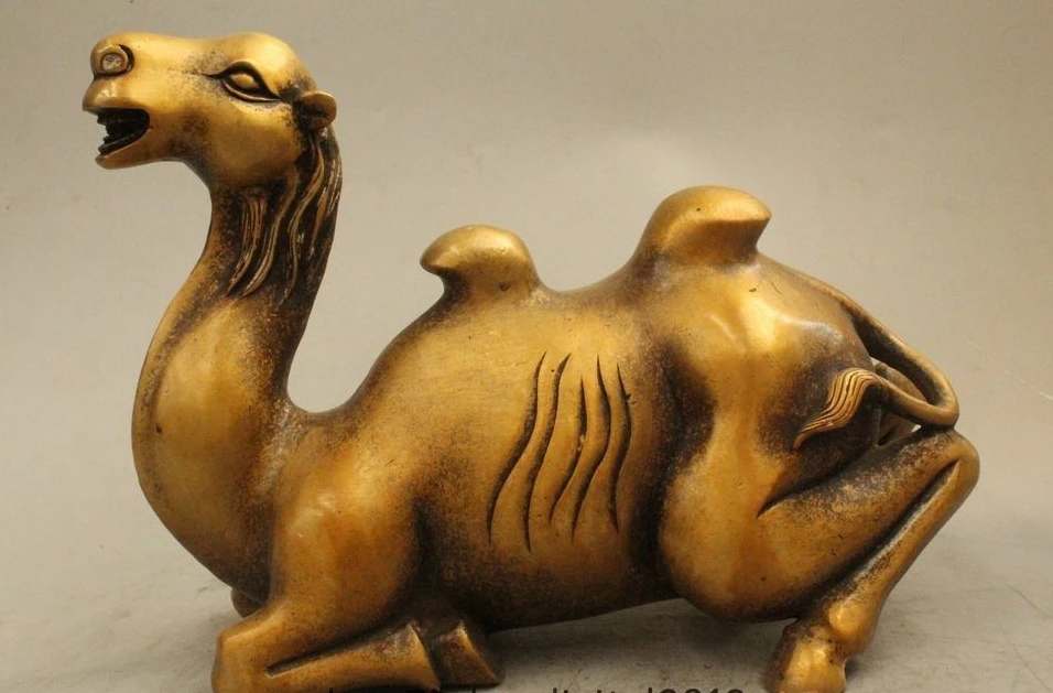 

7" Chinese Folk Copper Fengshui Bactrian Camels Auspicious llama Animal Statue