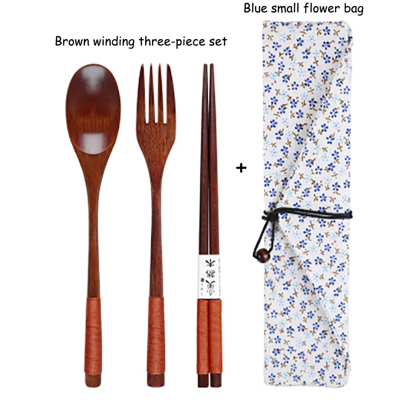 Baispo портативная посуда, деревянные столовые приборы, наборы с удобной ложкой, вилкой, палочками для еды, подарок для путешествий, столовая посуда, костюм с тканевой сумкой - Цвет: Brown Blue flower