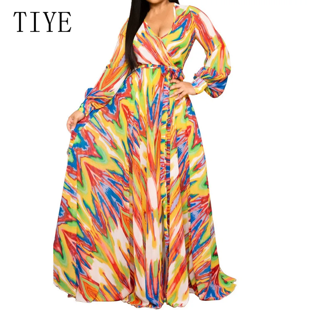 

TIYE Sexy Deep V-neck Long Sleeve Hollow Out Maxi Chiffon Dress Autumn Elegant Boho Beach Celecrity Party Club Dress for Women