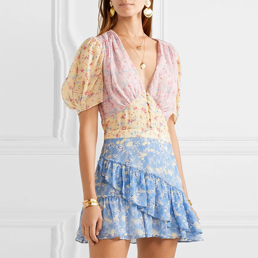 

KHALEE YOSE Floral Print Mini Dress Holiday Summer Dresses Button Front Bow Belted Ruffled Bohemian Chic Holiday Bea Women Dress