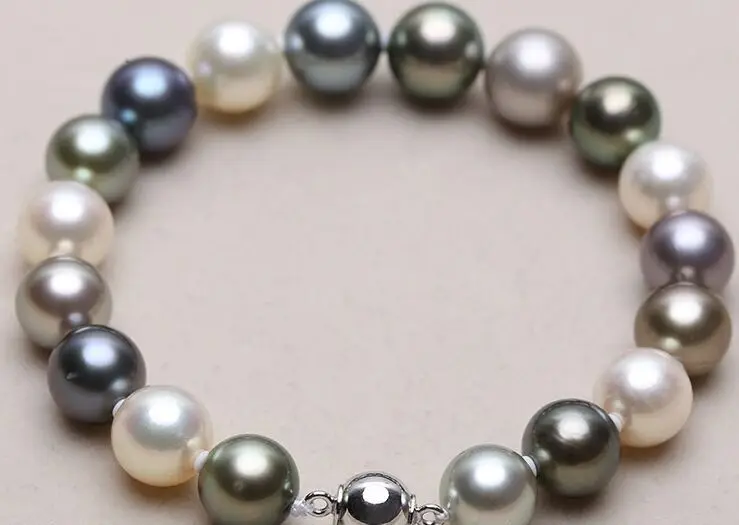 

mm natural south sea genuine white black round pearl bracelet 7.5-8" AAA 09