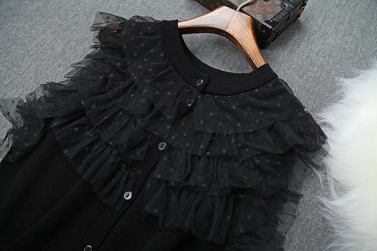 Women girls dot mesh ruffles knit sweater cardigan top+ geometric embroidery skirts suit black summer two piece set
