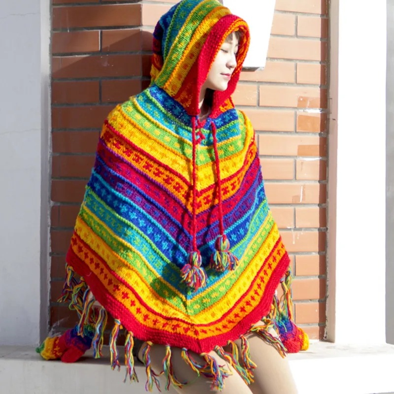 Wool Women's Winter Poncho With Hood SUFCOMOU Vintage Plus