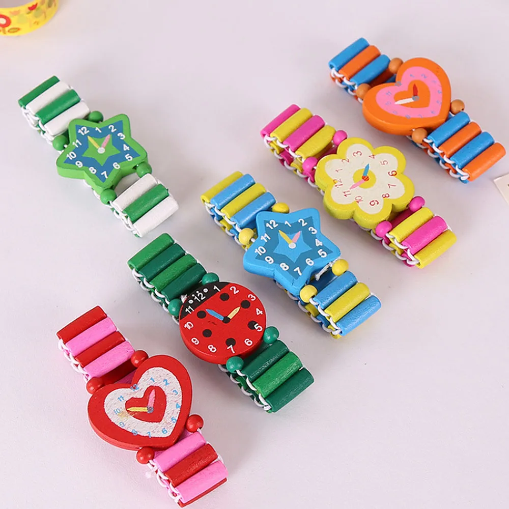 Случайный цвет мальчиков девочек детей мультфильм моделирование деревянные часы студенческие канцелярские подарки ремесла браслет игрушечные часы