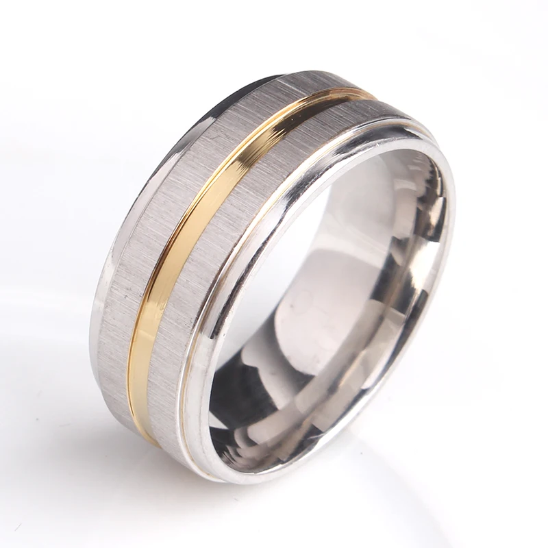 

8mm gold color stripes silvery brushed 316L Stainless Steel wedding rings for men women wholesale