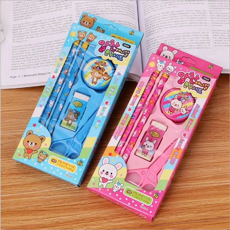 

1set Cartoon Kawaii Pencil Ruler Earser Sharpener 5 In 1 Stationery Set For Boy Girls Kids Gift School Children Student