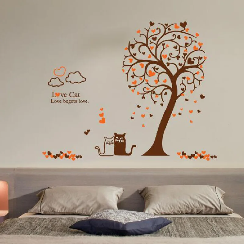 Love Cat Tree Wall Sticker Tree Vinyl Wall Decal Adesivi Murali Glass
