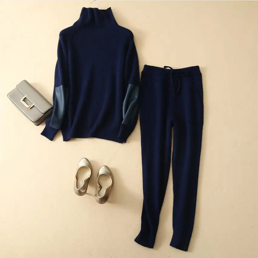 

Woolen and Cashmere Knitted warm Suit round Collar Velvet woolen Sweater + Mink Cashmere Trousers Leisure Two-piece sets wq901