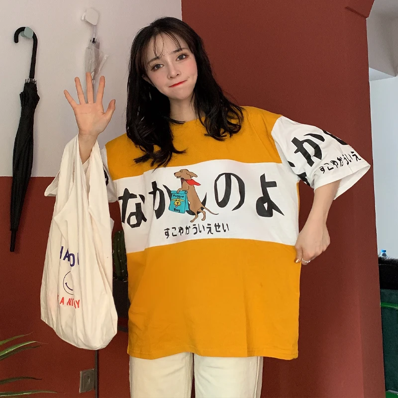 Ulzzang, летние милые японские топы с рисунками из мультфильмов, новинка, Harajuku, женская, три четверти, Корея, большой размер, свободная, повседневная, забавная, хлопковая футболка