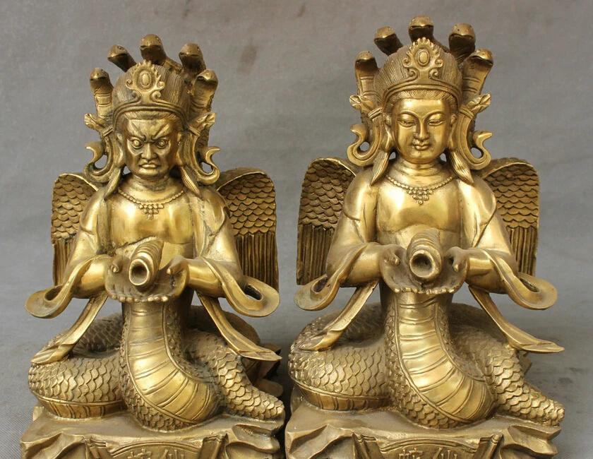 

S3374 11" Chinese Pure Brass 5 Head Snake God Bronze Fly Naga Kanya Buddha Statue Pair D0318