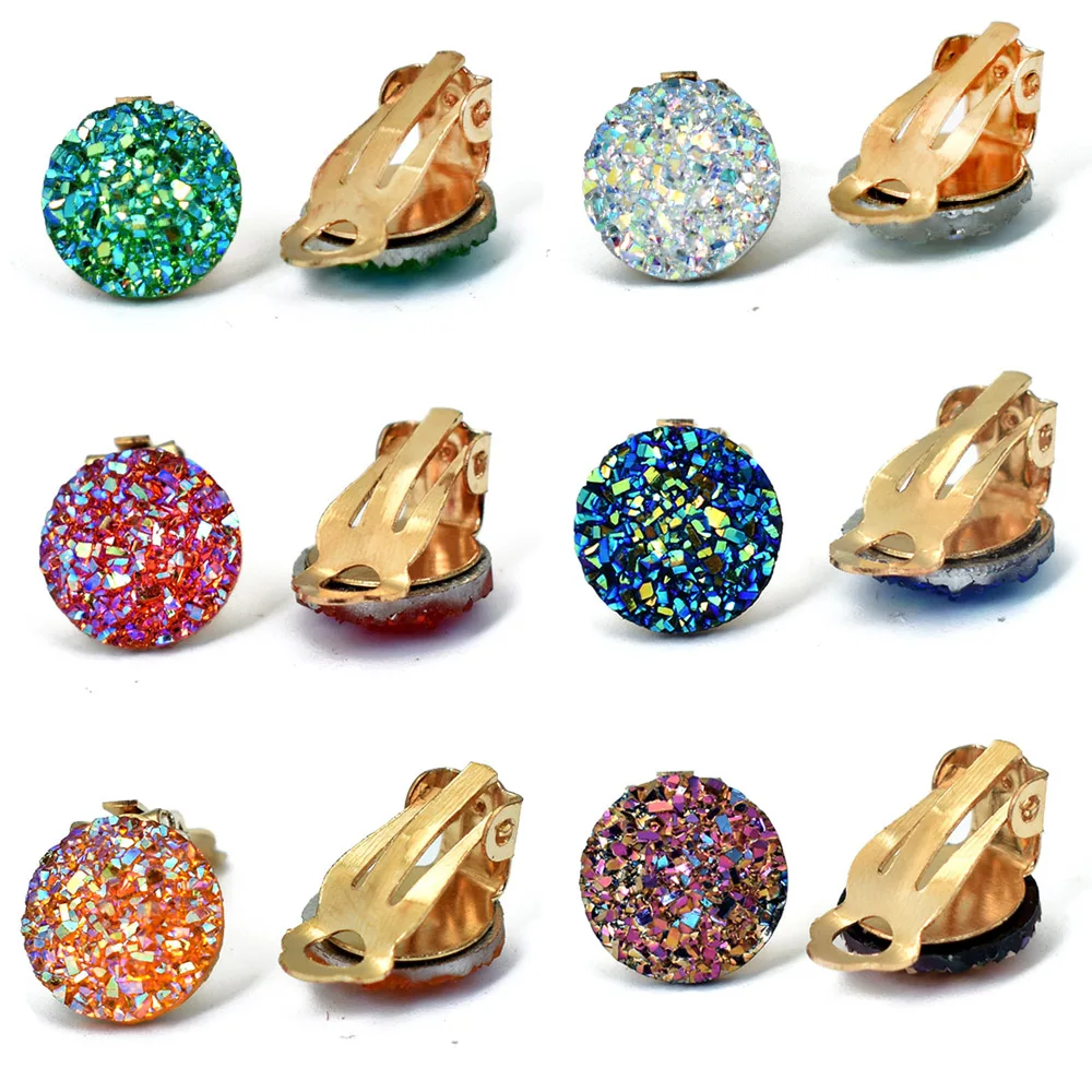 Female Jewelry Gold Color Ear Clip Earing For Women White Green Round Resin Cuff Earrings Without Piercing Druzy Earring