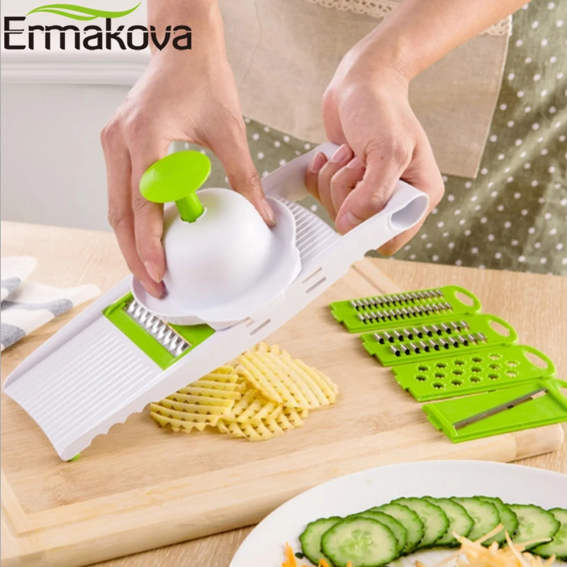 

ERMAKOVA Mandoline Slicer Vegetable Peeler Slicer Chopper Fruit Cheese Grater Potato Onion Slicer with 5 Blades Hand Protector