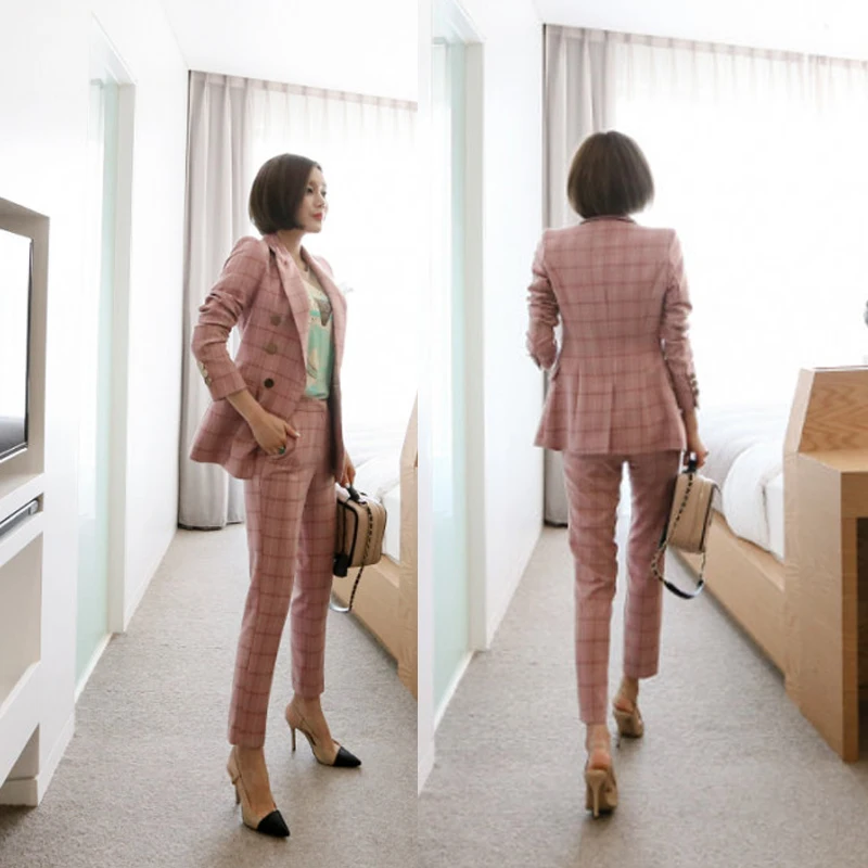 Women spring lattice Autumn Double Breasted Pink Long Jacket+Long Pant Suits Businness Work Wear Suits Two Piece/Set Office Suit