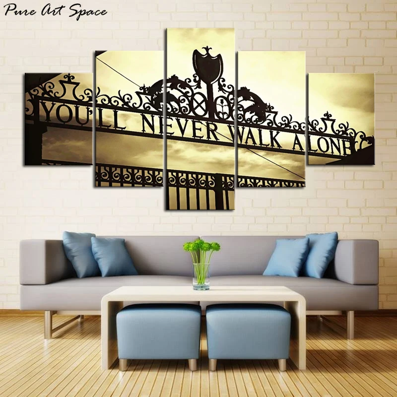 

5 Piece Canvas Prints You Will Never Walk Alone Photo of Anfield Stadium Shankly Gates Wall Art Modern Painting Drop Shipping