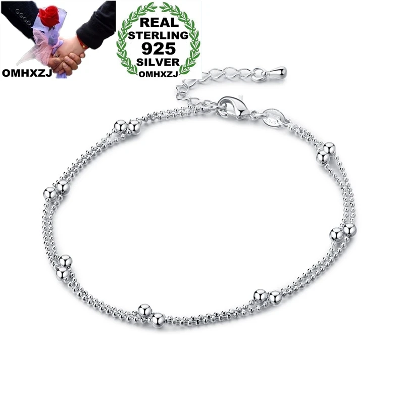 OMHXZJ Wholesale European Fashion Woman Girl Party Birthday Wedding Gift Sweet Beads Two Lines 925 Sterling Silver Anklet JL05