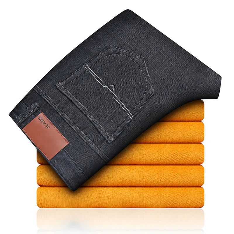 

SULEE Brand Men Winter Thick Warm Gold Fleece Denim Jeans Washed Wool Pants Plus Size