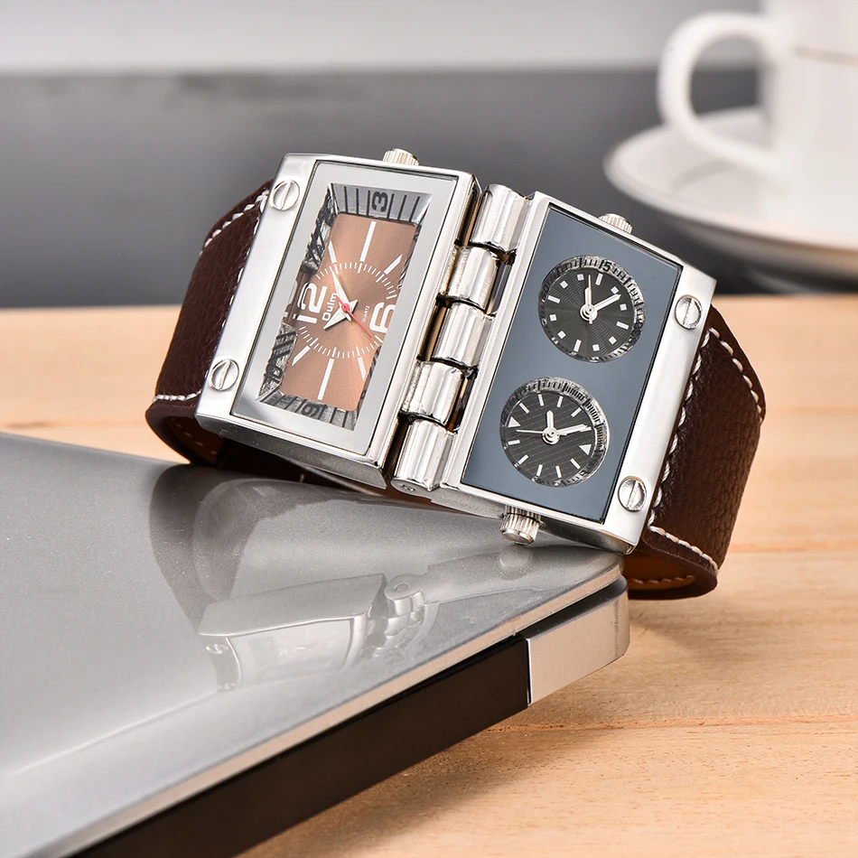 Cena Nowe męskie zegarki sportowe z podwójnym wyświetlaczem Oulm męskie zegarki z dużym rozmiarem moda zegar zewnętrzny skórzany zegarek kwarcowy Relogio Masculino