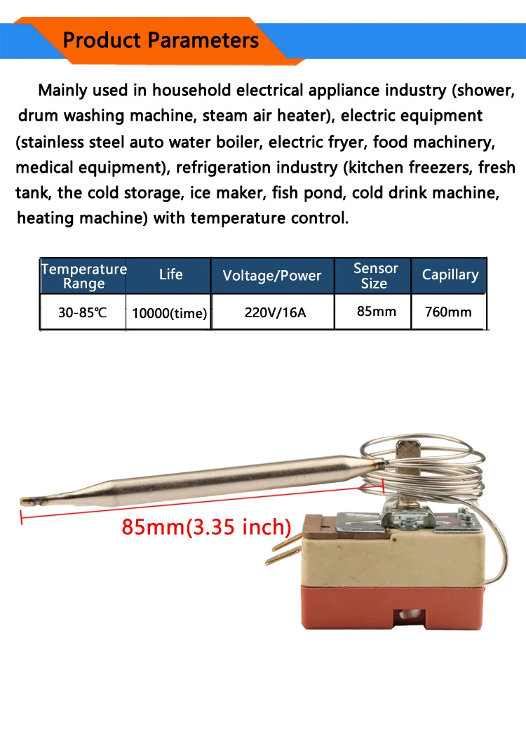 2-контактный 30-85 градусов Цельсия NC капиллярный термостат 2 feets отпускной переключатель настраиваемый регулятор температуры тепловой протектор 220V