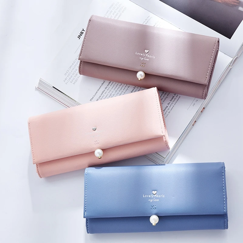 

2017 free shipping fashion new women long wallet  PU Square student sweet pearl thin Clutch women wallet
