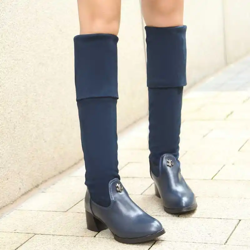 

Sexy Patchwork Folding Over The Knee Boots Leisure Dress Big Size Platform Women's Shoes New Design Metal Decoration Med Heels