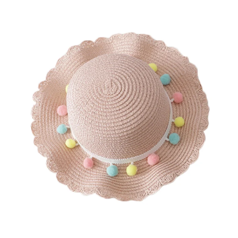 New Hat Bag Set Wavy Straw Hats Colored Balls Cap Single Shoulder Bag for Kids Spring Summer Beach LMH66 - Цвет: Розовый