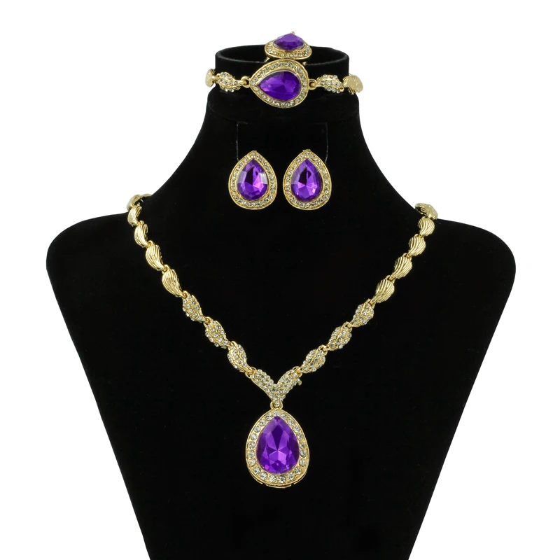 

Fashion Dubai Girls Jewelry Accessories Wedding Party Purple Big Zircon Necklace Earrings Rings Jewelry Sets Best Wife Gifts