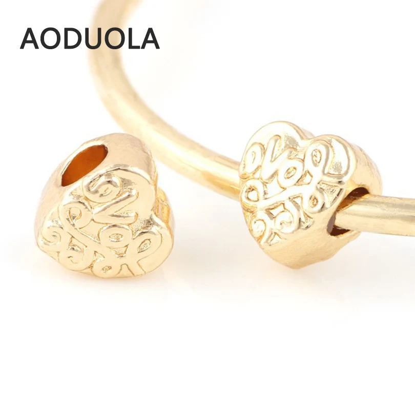 

10 Pcs a Lot Gold-Color Alloy Beads Heart Shape With Love Letter DIY Big Hole Charm Bead Fit For Pandora Charms Bracelets