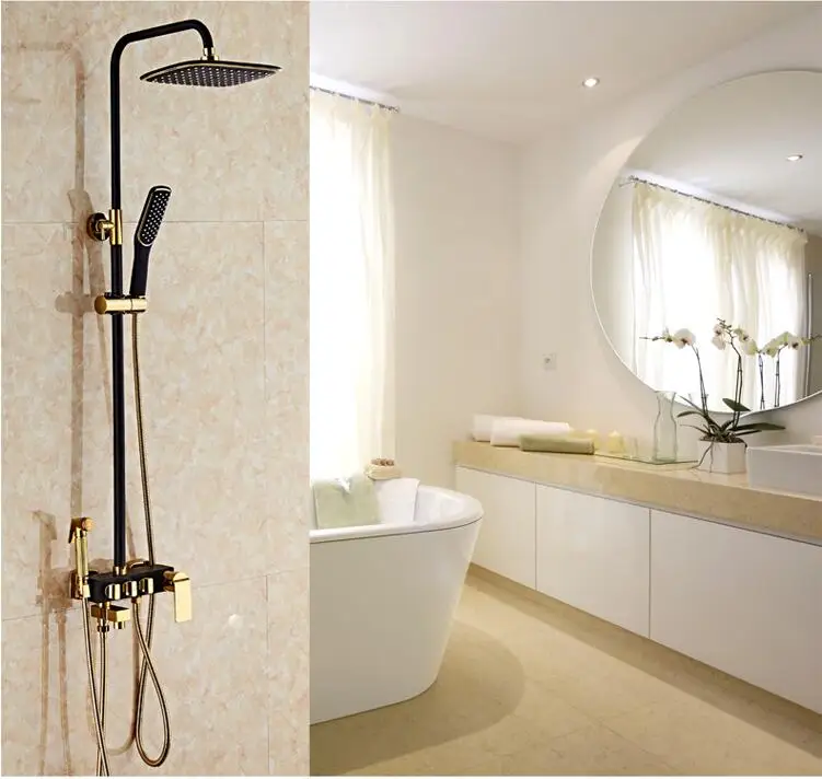 

Free Shipping Europe style Rainfall Shower Faucet Set Wall Mounted bathroom black and gold finished Mixer Luxury Bath Faucet set
