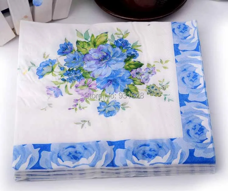 blue flower Paper Table napkins wedding party printing handkerchiefs