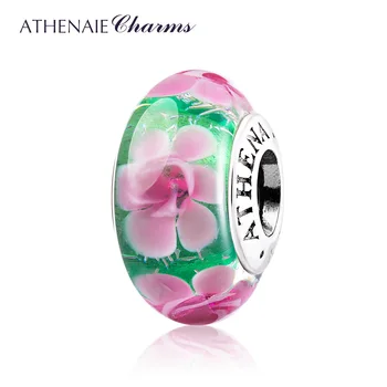 

ATHENAIE Murano Glass Beads 925 Sterling Silver Core Pink Peony Flower Shimmer Charms Beads Color Green Fit Charm Bracelets