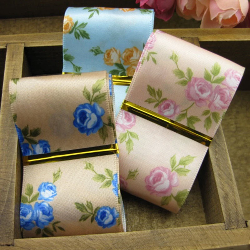 

5meter/lot Print Rose Pattern 38mm Polyester Ribbon Handmade Bow DIY Accessories Floral ethnic ribbon T-012