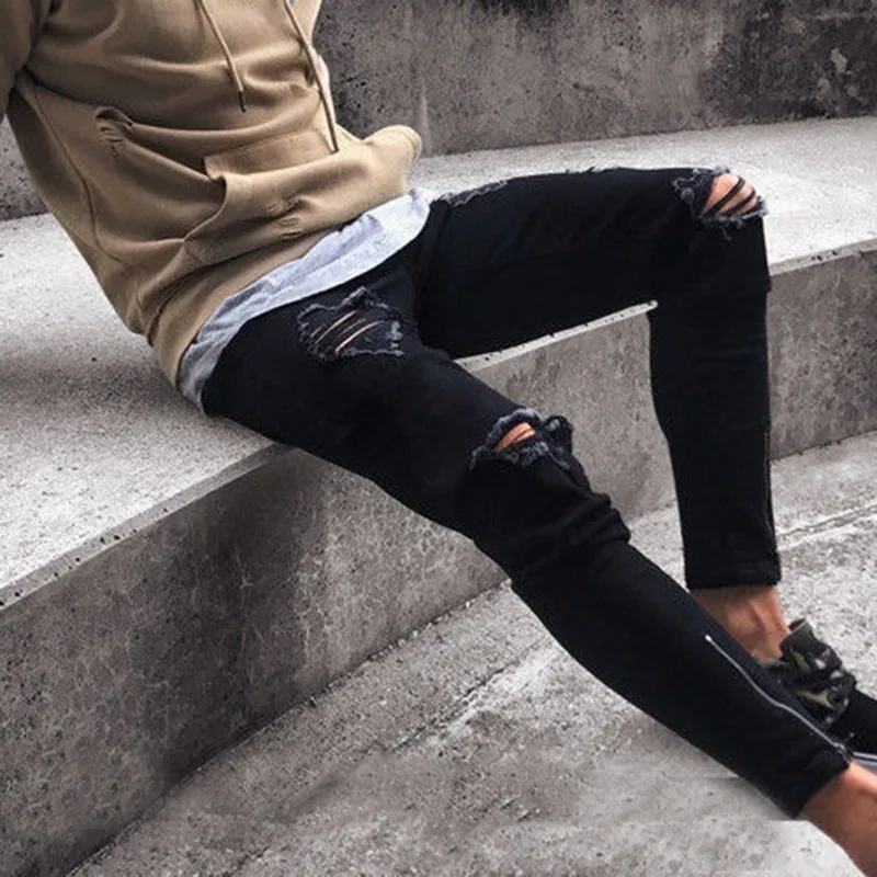 2019 Fashion Ripped Jeans Men Pants Skinny Slim Straight Denim Men Jeans With Zipper Bottom New Stylish Pencil Pants Men Clothes