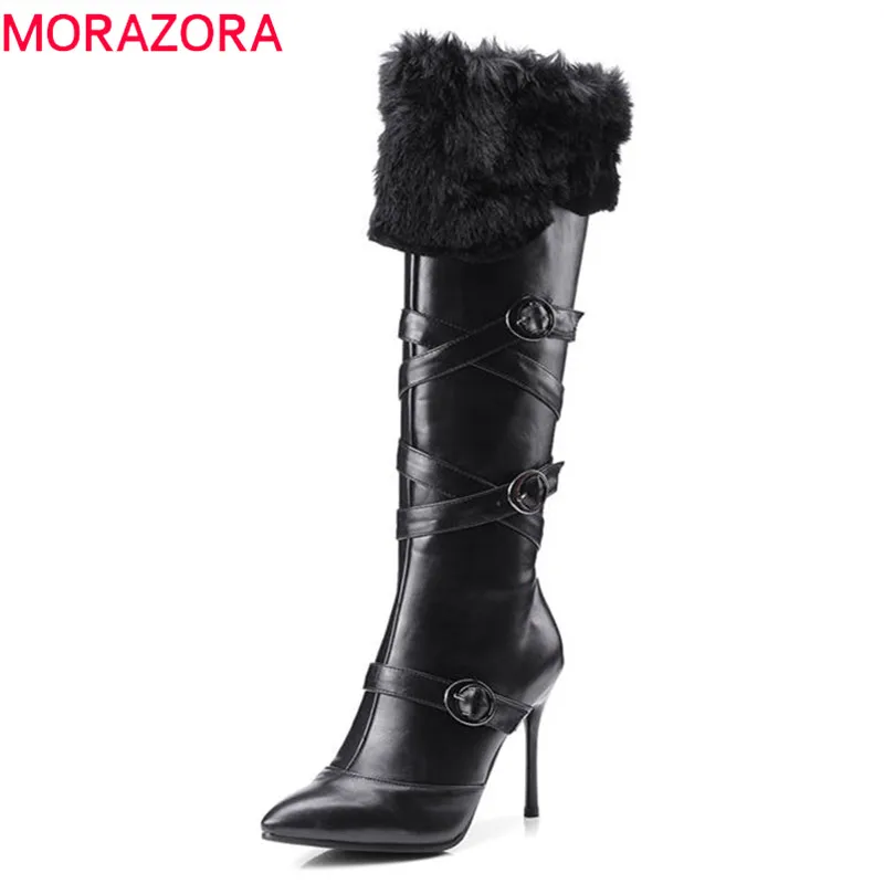 MORAZORA/; Новое поступление; женские ботинки с острым носком; модная обувь в стиле панк; женские сапоги до колена на молнии с пряжкой; сапоги на высоком каблуке