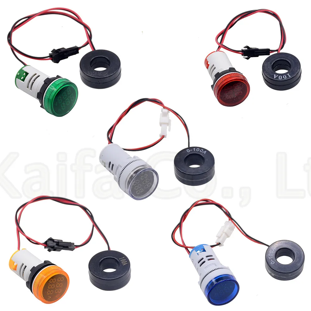 

22mm AC 20-380V 0-100A Round Mini Digital Voltmeter Ammeter Amp Volt Voltage Tester Meter Dual LED Indicator Pilot Lamp Light