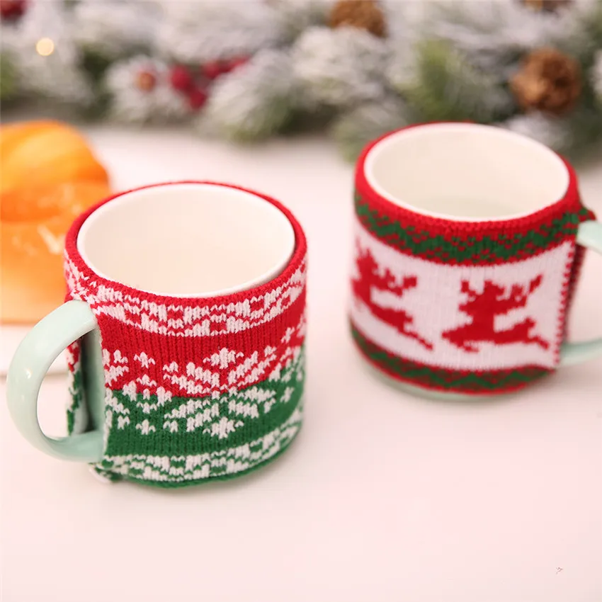 

New Christmas Decoration Mug Cover Christmas Tree Snowflake Elk Knitted Cup Cover New Year Party Table Decor navidad