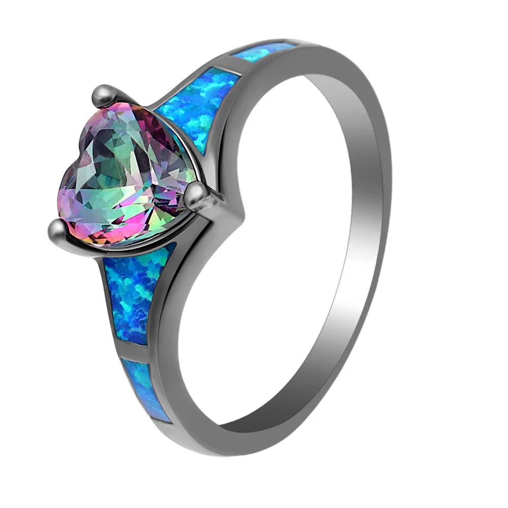 Hainon Charm Rainbow Heart Zircone Blue Fire Opal Rings For Women Vintage Fashion Fidanzamento Anello In Pietra Portafortuna Riempito D'Oro Nero