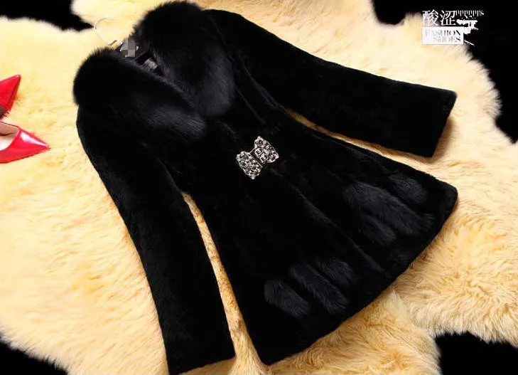 Женское зимнее пальто из кроличьего меха, женское роскошное пальто из искусственного лисьего меха с воротником Fut, тонкое длинное пальто из искусственного меха с поясом, пальто из искусственного меха A1423