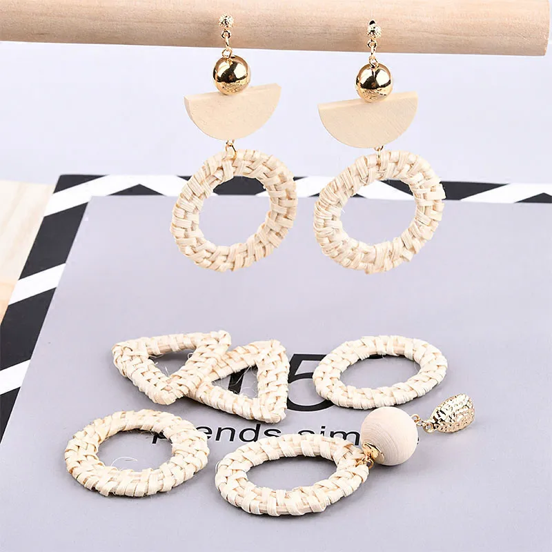 

DIY new South Korea trend bamboo weaving manual geometric hollow round triangle elliptic earring earrings