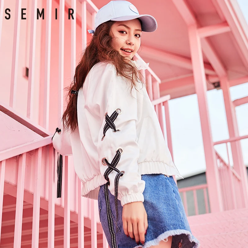 SEMIR Jackets fashion short basic stand collar bombardier Jacket baseball uniform Bind decoration zip Coats jackets for women