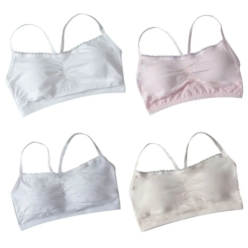 

Junior Girl Spaghetti Strap Sport Training Bra Lace Breathable Mesh Patchwork Underwear Ruched Wireless Padded Solid Color Vest