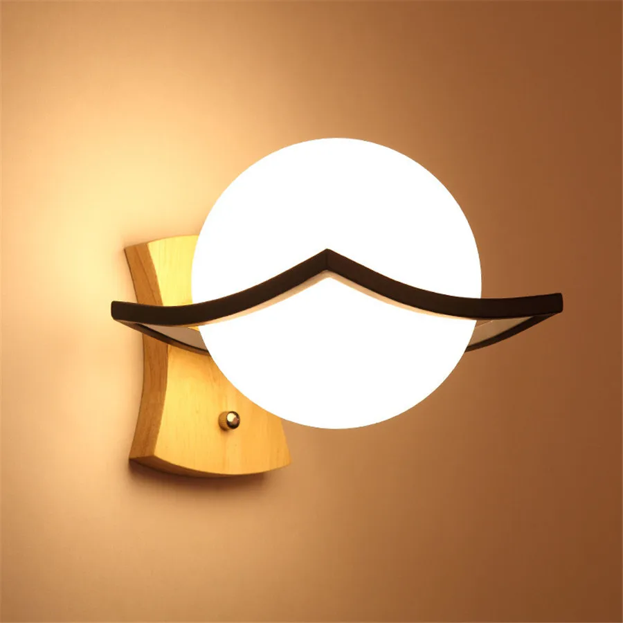 

Thrisdar E27 Creative Glass Ball Wall Lamp Bedroom Bedside Wooden Wall Light Study Aisle Corridor Hotel Restuarant Wall Light