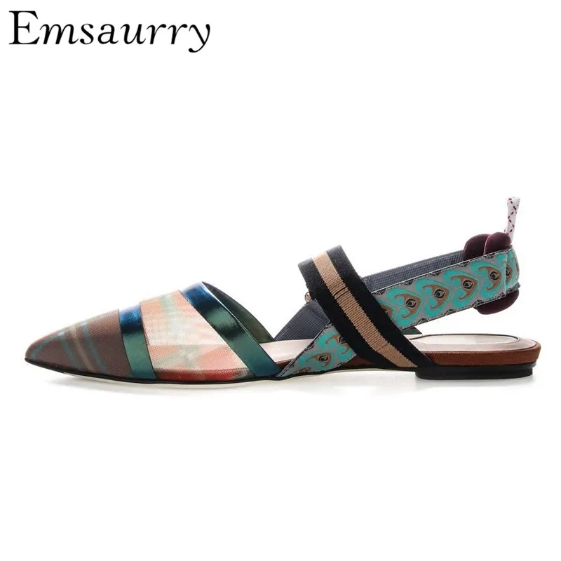 

2019 Chic Stripe Mesh Air Summer Sandals Flat Heel Pointed Toe Elastic Band Strappy Patchwork Gladiator Sandals Women