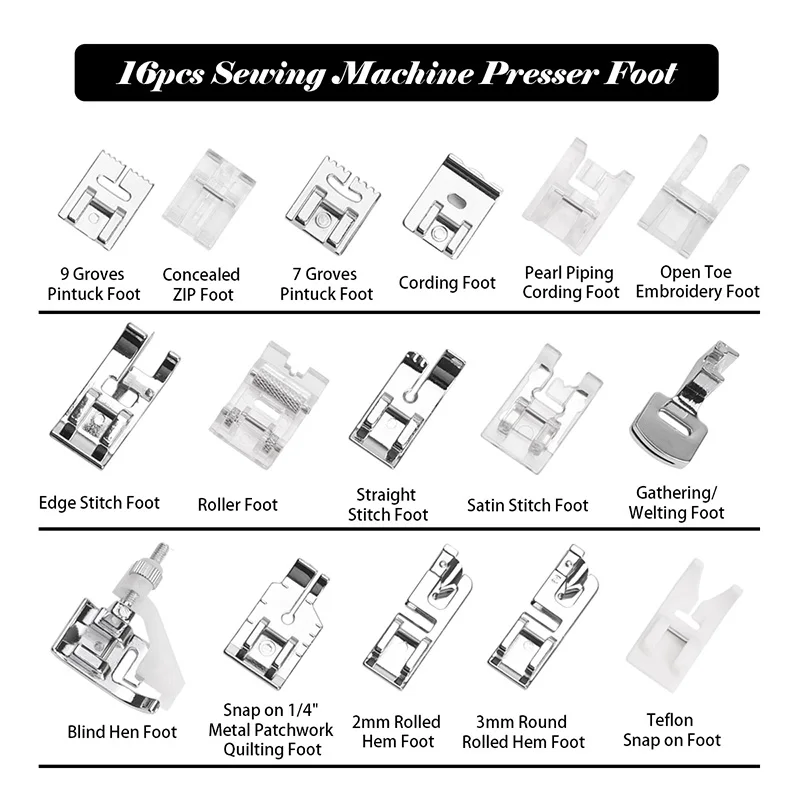 16 шт. аксессуары для бытовой швейной машины набор прижимных лапок для ног Набор ободков для ног запасные части с коробкой для Brother Singer Janome