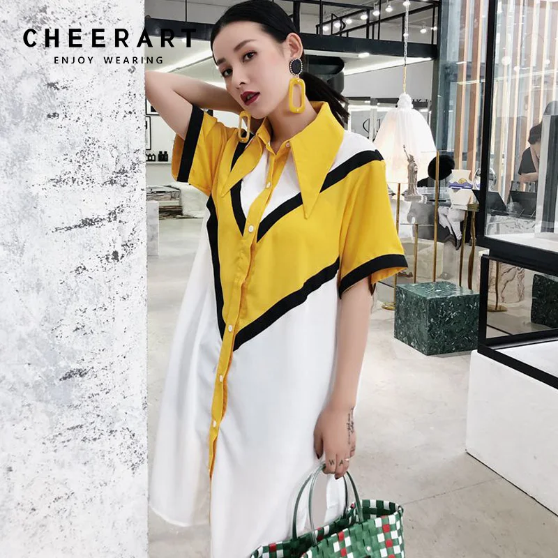 

Cheerart Splice Color Block Yellow Shirt Dress Women Summer Button Up Loose Side Split Designer Dress Fashion 2018