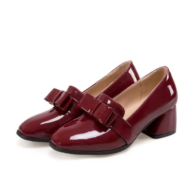 ZALAVOR женские туфли-лодочки из лакированной кожи слипоны квадратный носок с бантом; обувь на толстом каблуке однотонные Цвет на каждый день; женская обувь размера плюс 32-47