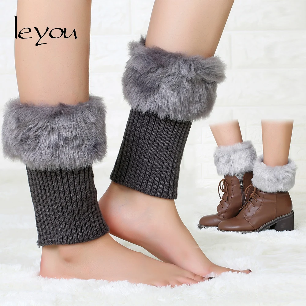 Leyou Leg Warmers Fur Boot Socks Toppers Knitted Leg Warmer Women Boot